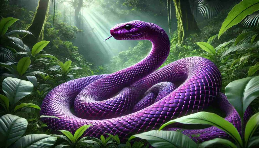 A striking purple snake navigates the dense jungle, representing the significance of dreams and their interpretations.