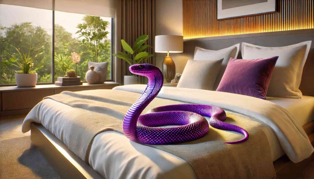 A purple snake is comfortably positioned on a bed