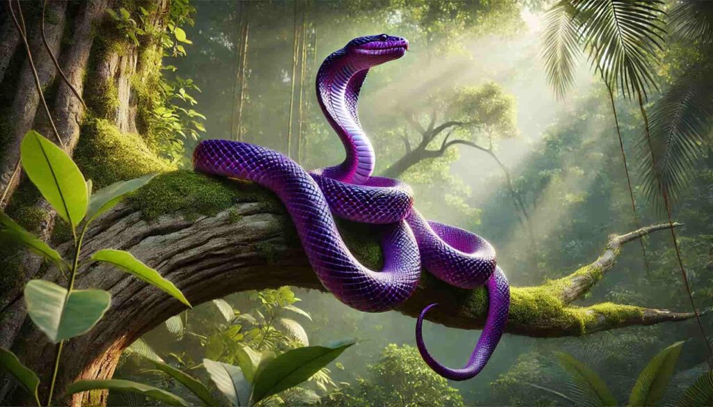 In a vibrant jungle, a purple snake lounges on a tree branch, symbolizing a dreamlike encounter with nature.