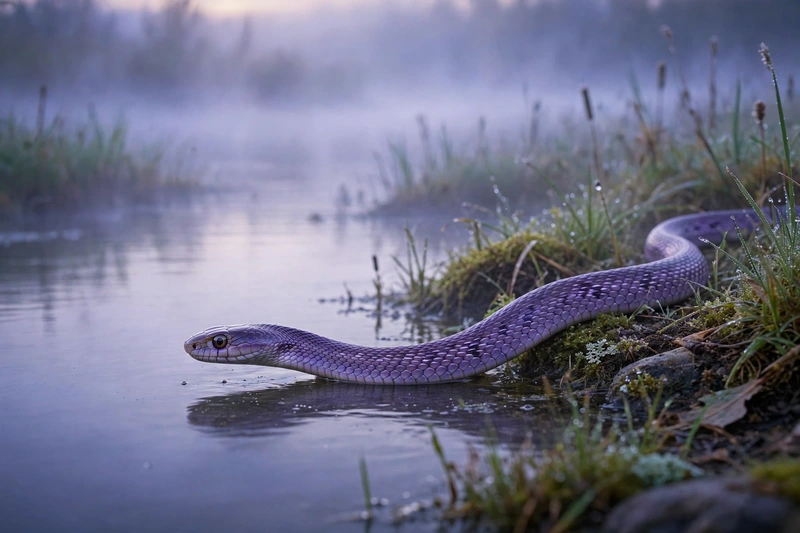 A calm purple snake gliding beside still misty water at dawn, showing dream of purple snake meaning