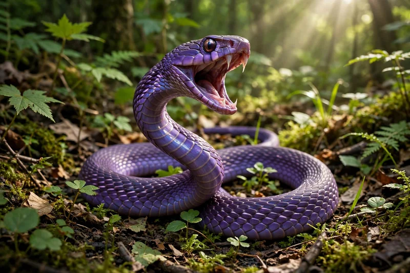 A purple snake striking with its mouth open and fangs showing, showing purple snake bite dream meaning