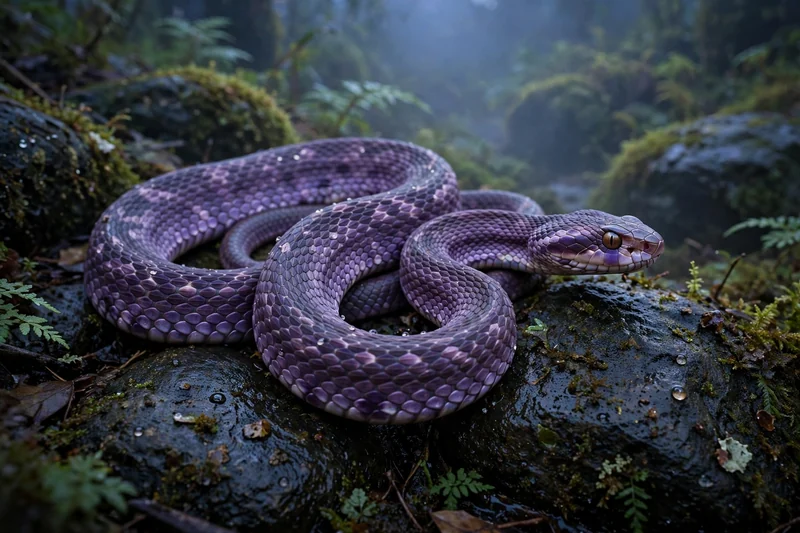 A deep purple snake coiled on dark wet rocks in misty forest light, showing purple snake dream meaning