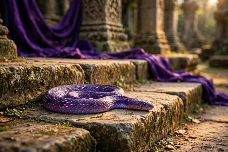 A purple snake resting on temple stone steps beside royal purple cloth, showing purple snake in dream biblical meaning
