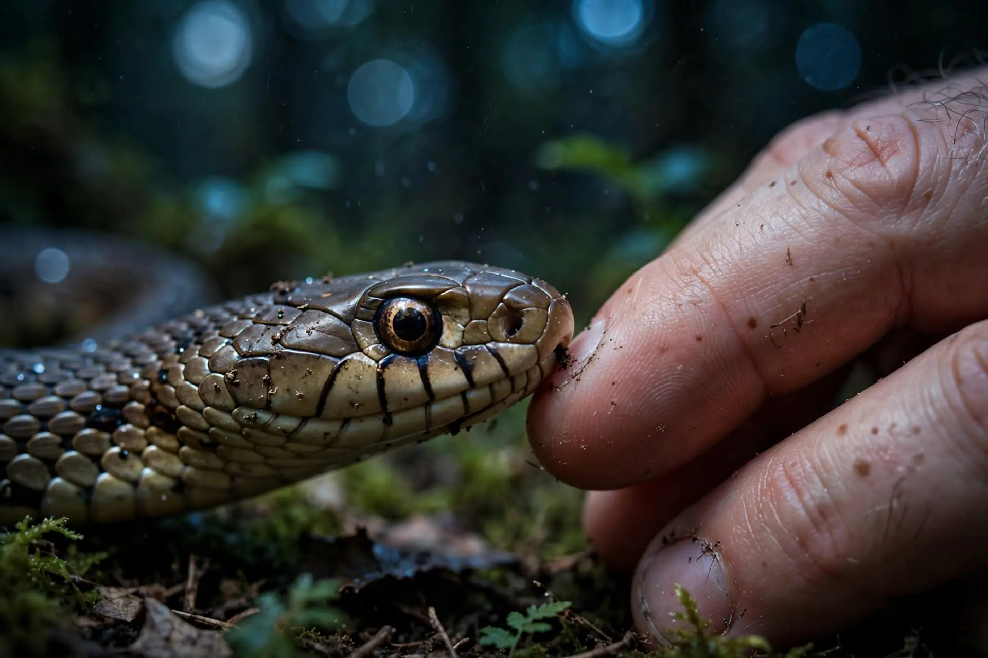 Snake touching a human hand in a moonlit dream, snake bite dream meaning