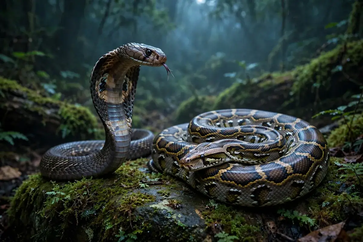 Cobra and python in a moonlit dreamscape — types of snakes in dreams meaning